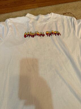 White Tee with 'Cardinal Tattoo' Flame Logo